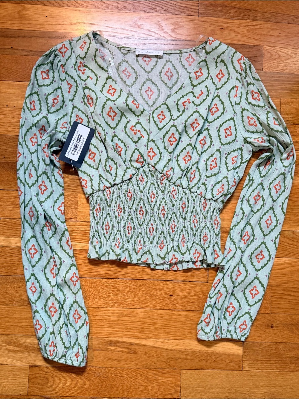 Ces Femme Boho Smocked Waist Top Sage Green Printed Peasant Blouse Small